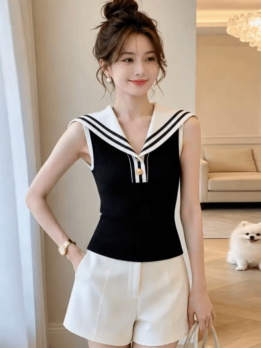 흑인과 백인 패치워크 색상 해군 칼라 스트라이프 민소매 티셔츠 여성 2026 여름 해상 부서 고유 한 아름다운 디자인 센스 맨위 이미지 3
