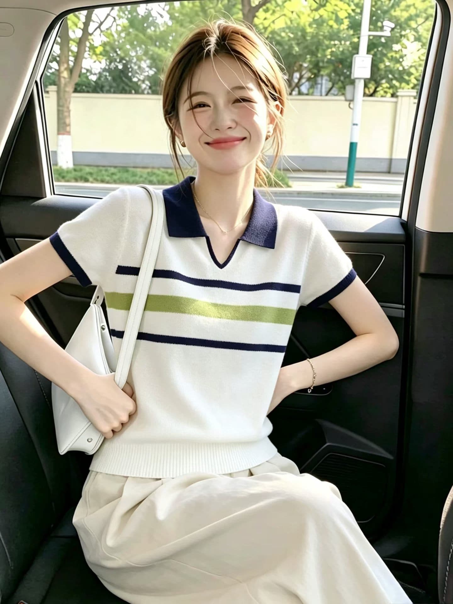 패션 배색 스트라이프 POLO 칼라 반팔 니트 스웨터 여성 2026 여름 지방 mm 루즈핏 다용도 연령 감소 맨위
