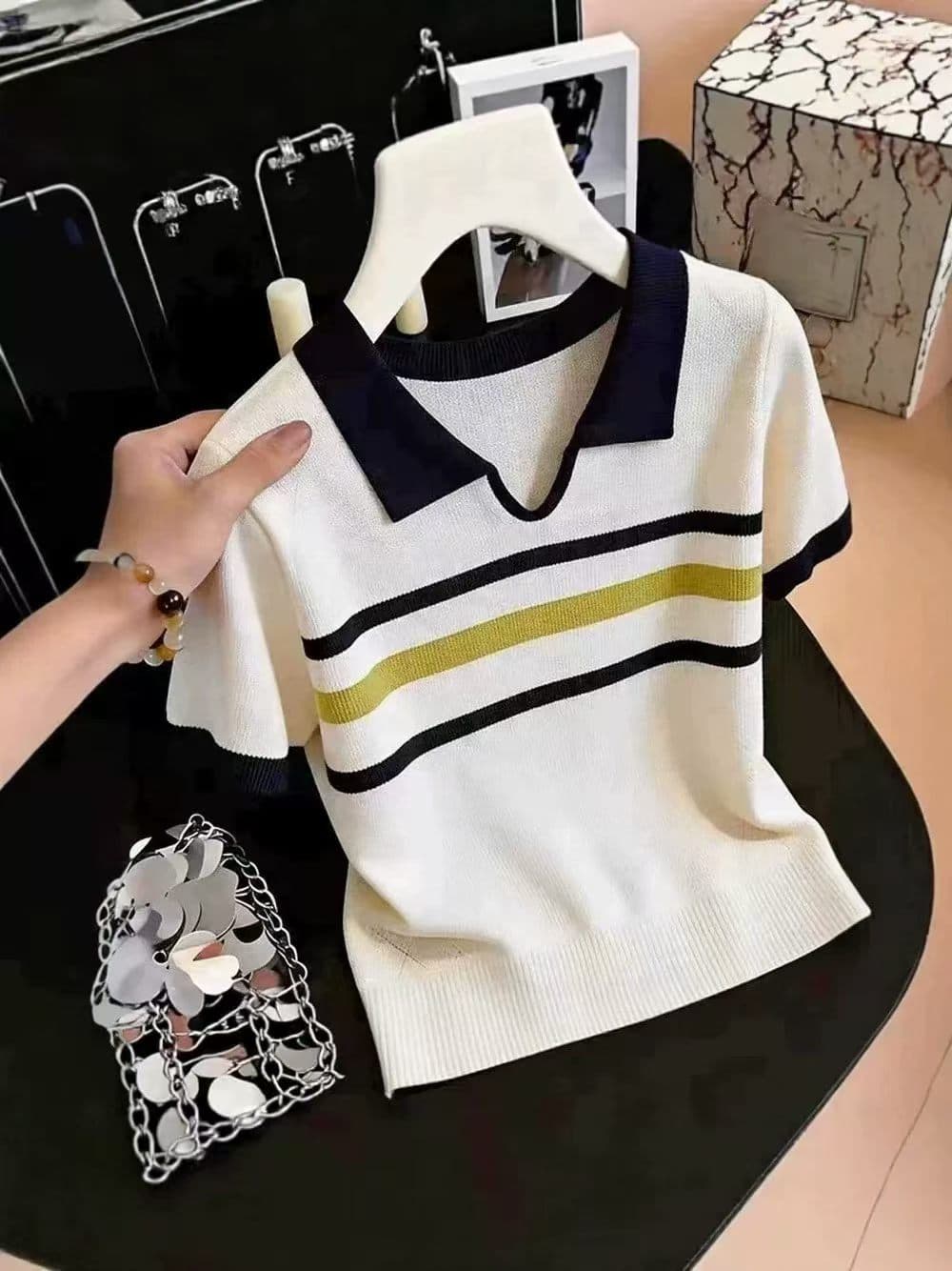 패션 배색 스트라이프 POLO 칼라 반팔 니트 스웨터 여성 2026 여름 지방 mm 루즈핏 다용도 연령 감소 맨위 이미지 2