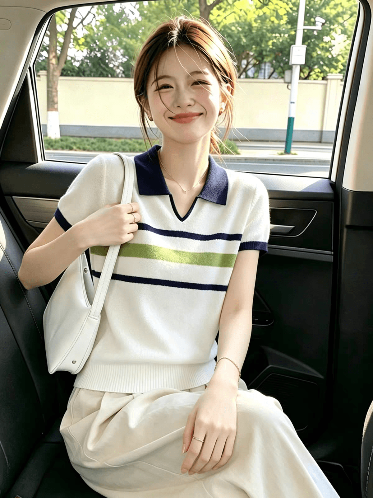 패션 배색 스트라이프 POLO 칼라 반팔 니트 스웨터 여성 2026 여름 지방 mm 루즈핏 다용도 연령 감소 맨위 상세 이미지 3