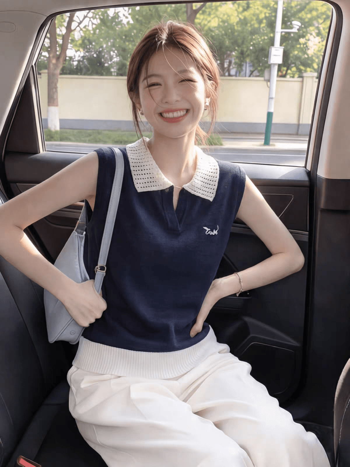 오래된 돈 바람 배색 폴로 칼라 니트 캐미솔 여름 고급 센스 자수 민소매 맨위 디자인 센스 작은 대중 상세 이미지 1
