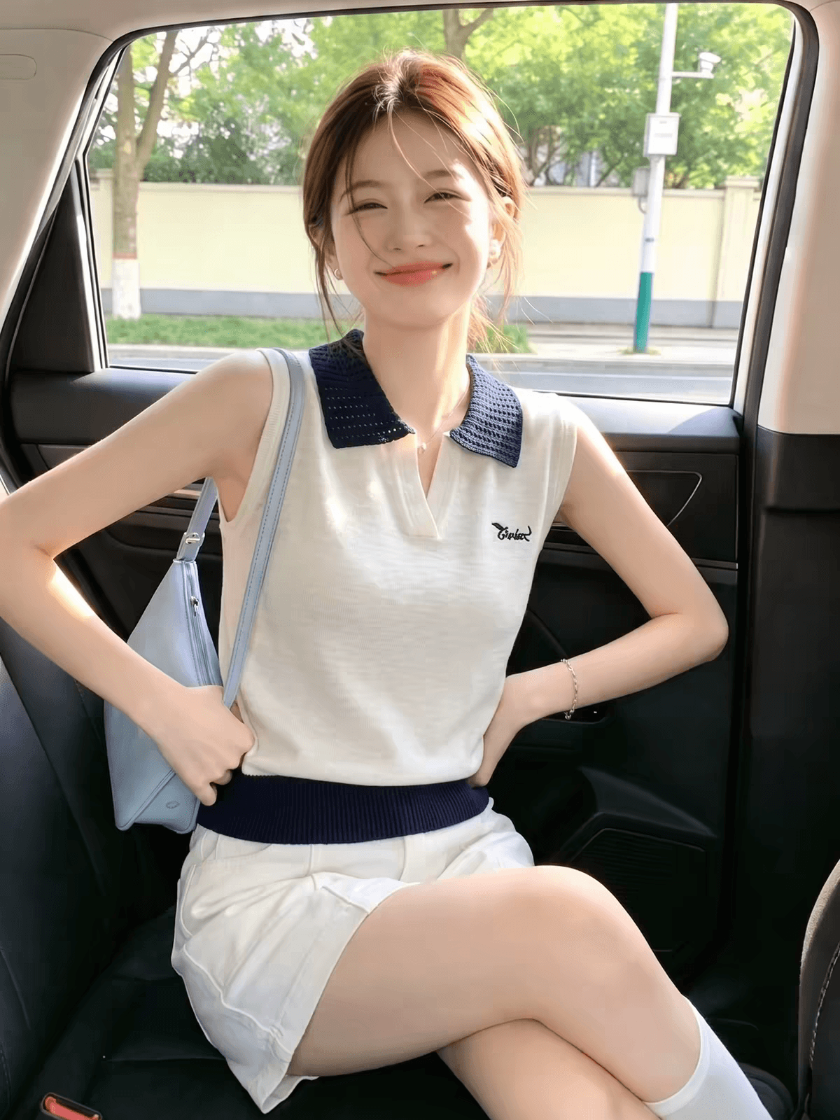 오래된 돈 바람 배색 폴로 칼라 니트 캐미솔 여름 고급 센스 자수 민소매 맨위 디자인 센스 작은 대중 상세 이미지 2