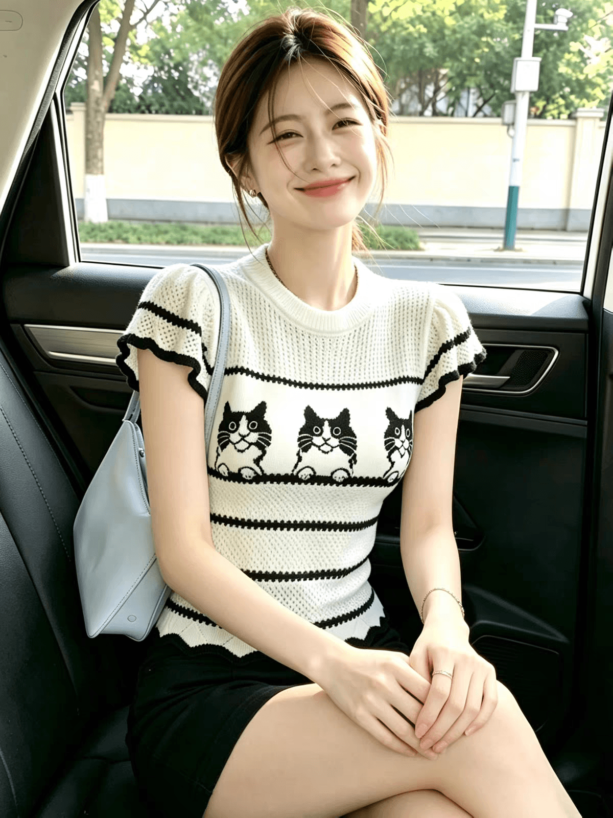 한 부서 흑인과 백인 배색 스트라이프 작은 날다 소매 짠 셔츠 여성 2026 여름 새로운 홀로우 아웃 슬림해 보이는 연령 감소 맨위 트렌디 상세 이미지 4