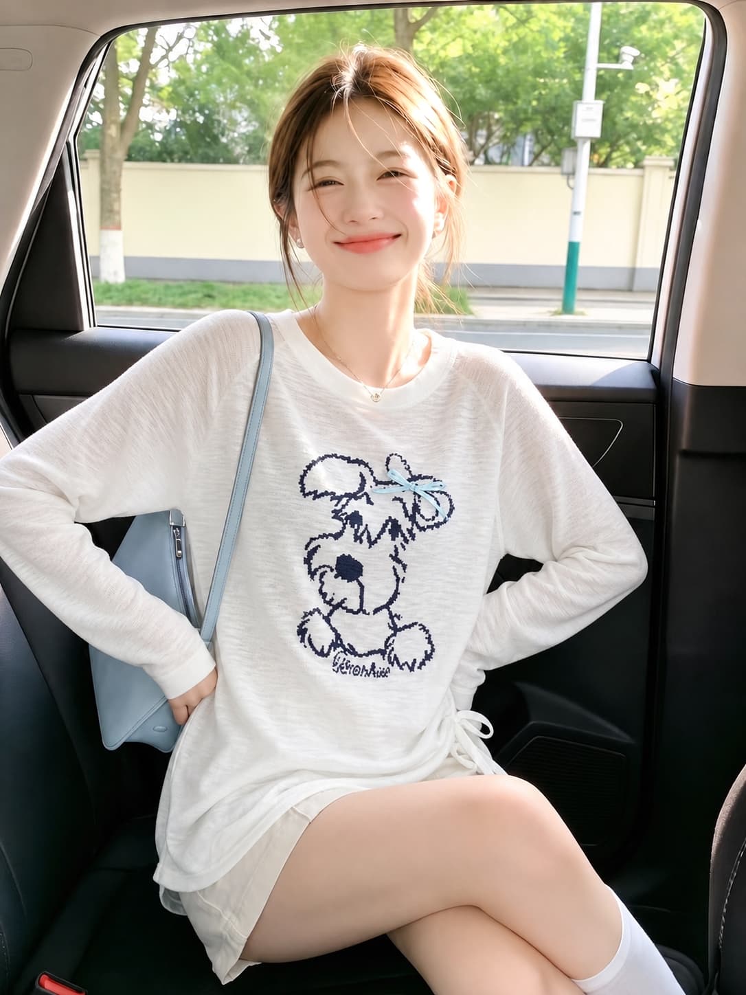 자외선 차단 블라우스 여성 강아지 나비 매듭 디자인 한국 스타일 얇고 가벼운 화이트 긴팔 티셔츠 밑단 펌프 로프 맨위 여성 여름