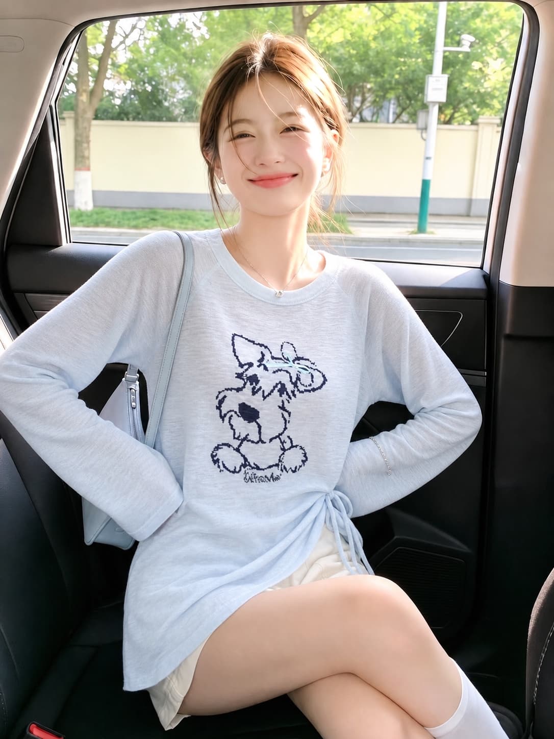 자외선 차단 블라우스 여성 강아지 나비 매듭 디자인 한국 스타일 얇고 가벼운 화이트 긴팔 티셔츠 밑단 펌프 로프 맨위 여성 여름 이미지 3