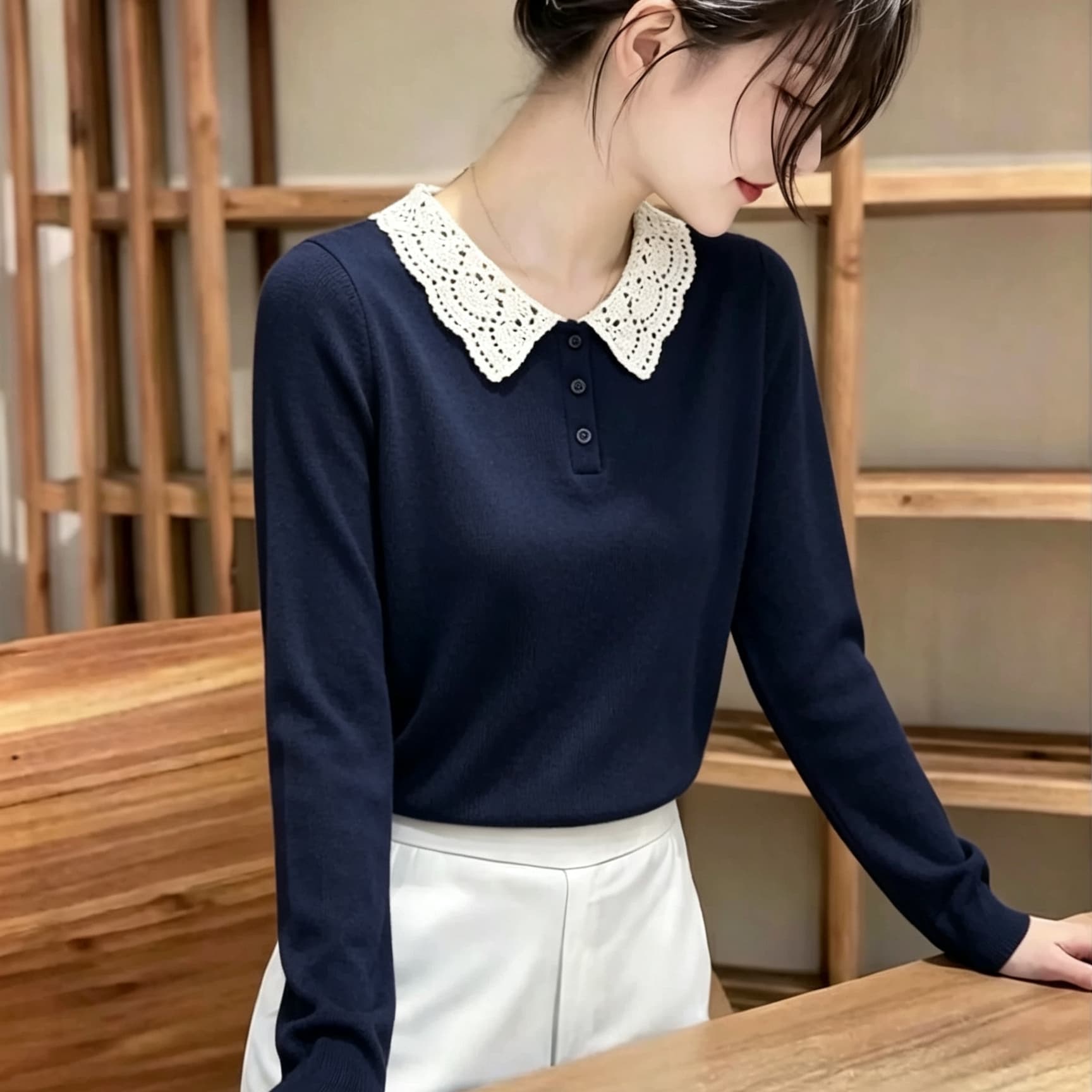 한 부서 배색 POLO 칼라 세트 여성 조기 가을 루즈핏 슬림해 보이는 베이비 칼라 니트 맨위 와이드 레그 팬츠 투피스 세트 이미지 2