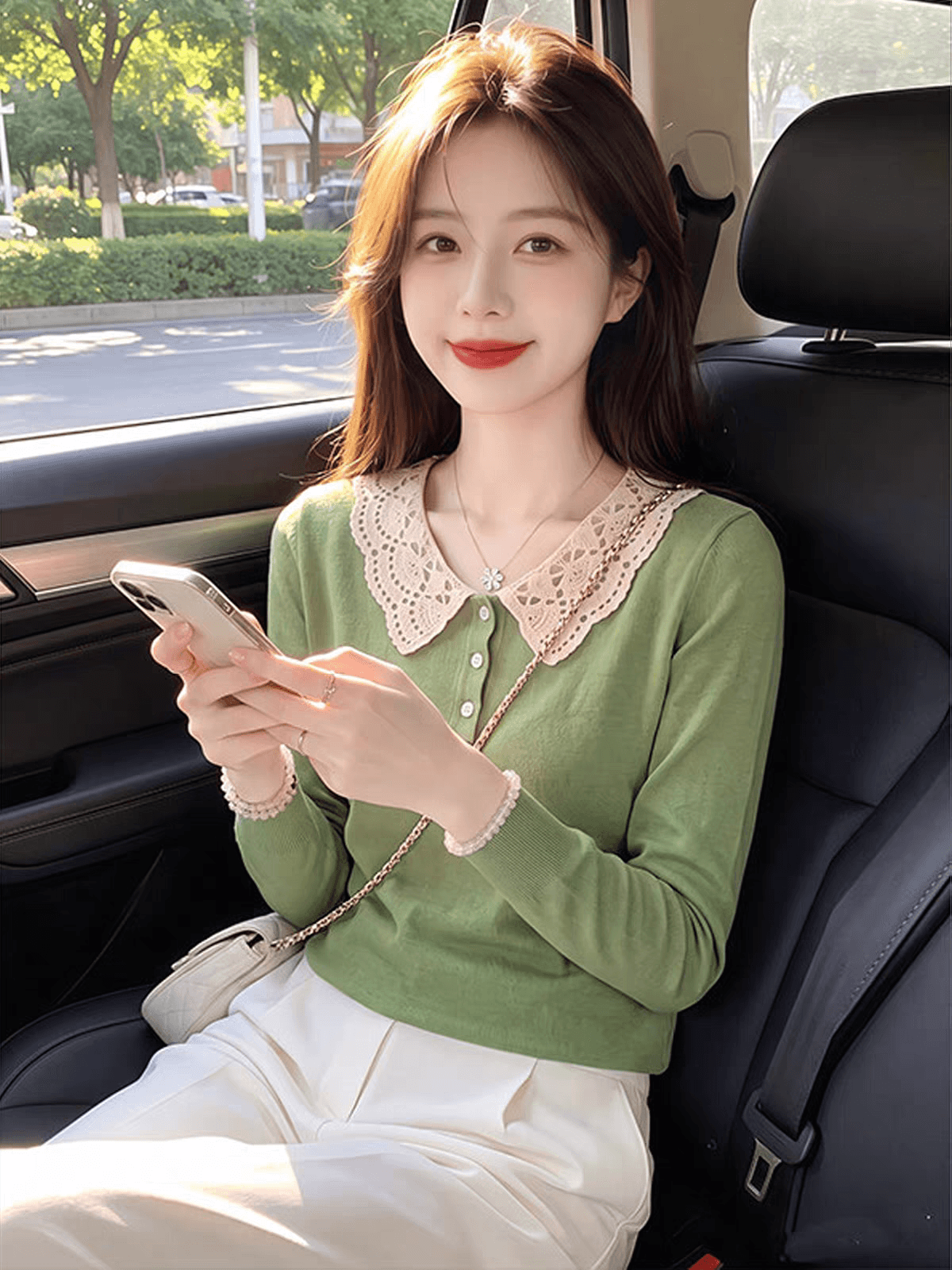 한 부서 배색 POLO 칼라 세트 여성 조기 가을 루즈핏 슬림해 보이는 베이비 칼라 니트 맨위 와이드 레그 팬츠 투피스 세트 이미지 3