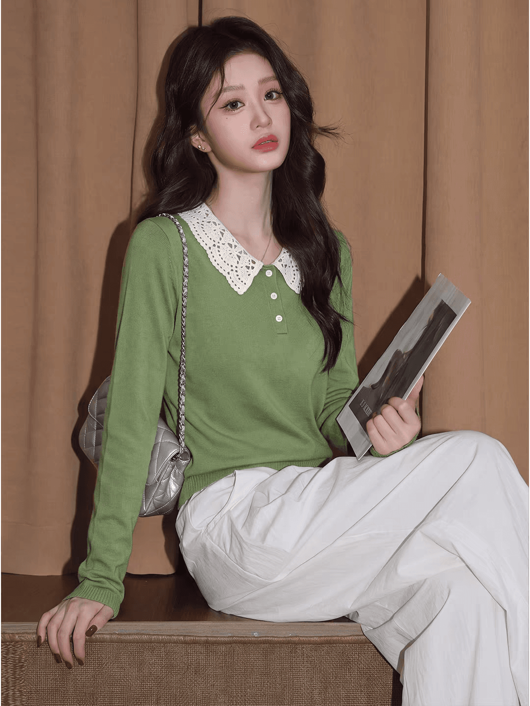 한 부서 배색 POLO 칼라 세트 여성 조기 가을 루즈핏 슬림해 보이는 베이비 칼라 니트 맨위 와이드 레그 팬츠 투피스 세트 상세 이미지 2
