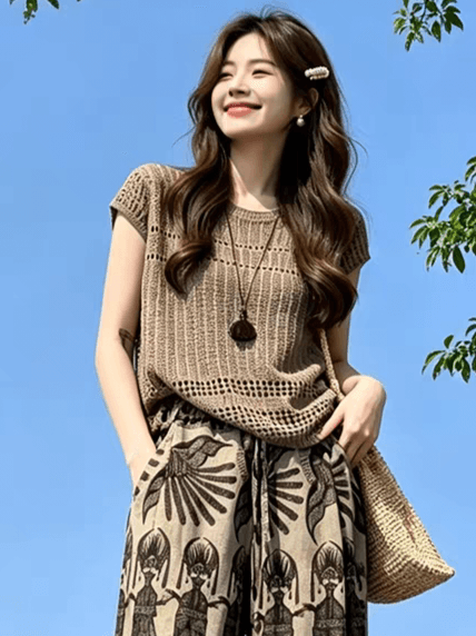 레트로 스타일 커피 색상 홀로우 아웃 니트 반팔 티셔츠 여성 2026 여름 코치 miu 첨부 된 의류 오래된 돈 바람 착용 가져 가라. 이미지 2