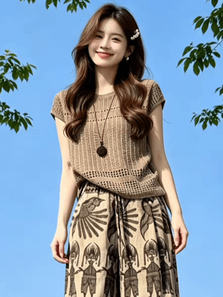 레트로 스타일 커피 색상 홀로우 아웃 니트 반팔 티셔츠 여성 2026 여름 코치 miu 첨부 된 의류 오래된 돈 바람 착용 가져 가라. 상세 이미지 1