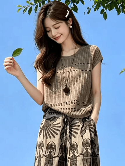 레트로 스타일 커피 색상 홀로우 아웃 니트 반팔 티셔츠 여성 2026 여름 코치 miu 첨부 된 의류 오래된 돈 바람 착용 가져 가라. 상세 이미지 2