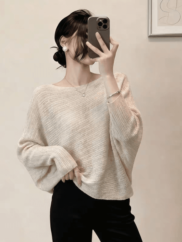 오트밀 색상 오프숄더 긴팔 털 니트 스웨터 여성 봄 가을 유럽 상품 불규칙 디자인 센스 배트윙 소매 인사이드 잡아라. 의류 상세 이미지 1