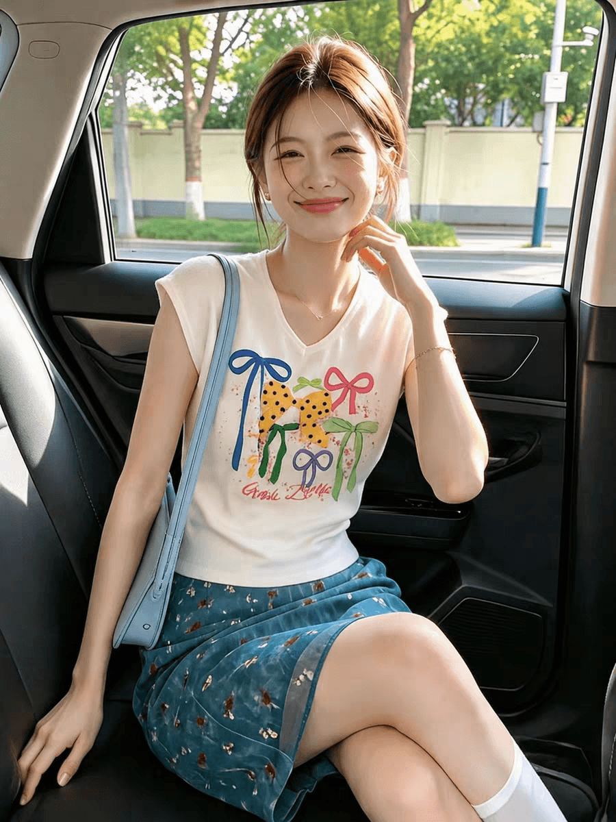 화이트 V넥 나비 매듭 프린트 루즈핏 조끼 슬립 여성 2026 여름 슈퍼 화재 연령 감소 그레이트 봐 의류 이미지 2