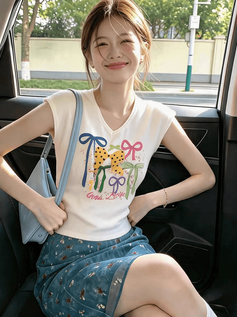 화이트 V넥 나비 매듭 프린트 루즈핏 조끼 슬립 여성 2026 여름 슈퍼 화재 연령 감소 그레이트 봐 의류 상세 이미지 1