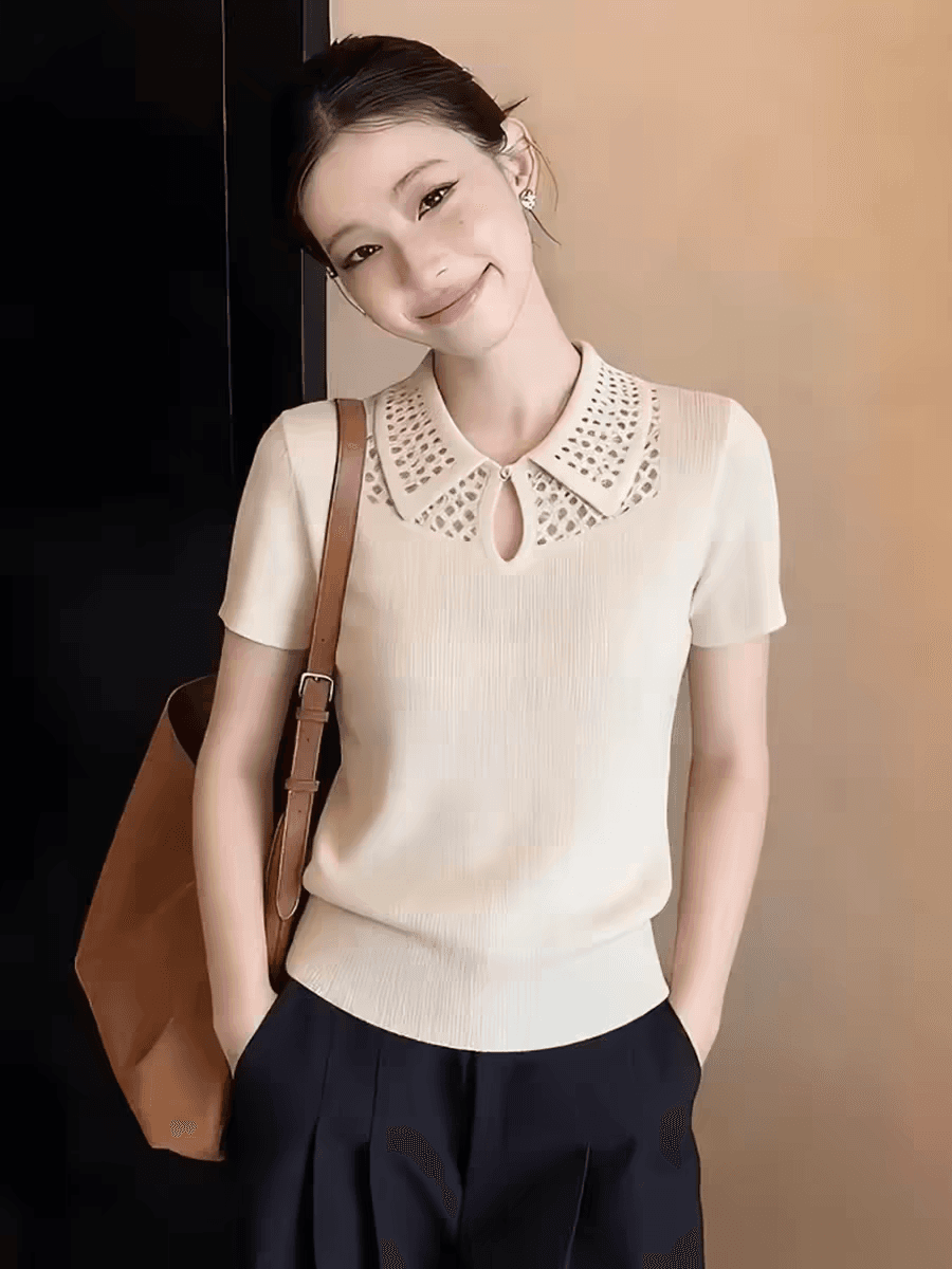디자인 센스 홀로우 아웃 풀오버 패션 다용도 니트 스웨터 봄 새로운 작은 대중 Chic 반팔 부드럽다 편안함 맨위 상세 이미지 1