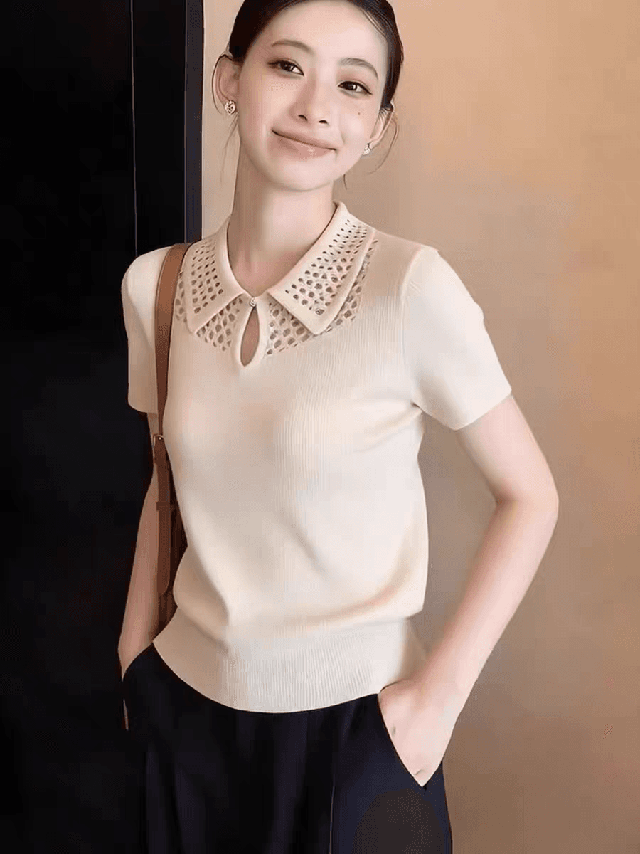 디자인 센스 홀로우 아웃 풀오버 패션 다용도 니트 스웨터 봄 새로운 작은 대중 Chic 반팔 부드럽다 편안함 맨위 상세 이미지 2