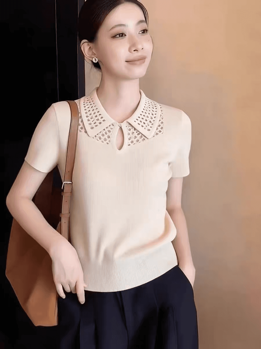 디자인 센스 홀로우 아웃 풀오버 패션 다용도 니트 스웨터 봄 새로운 작은 대중 Chic 반팔 부드럽다 편안함 맨위 상세 이미지 3