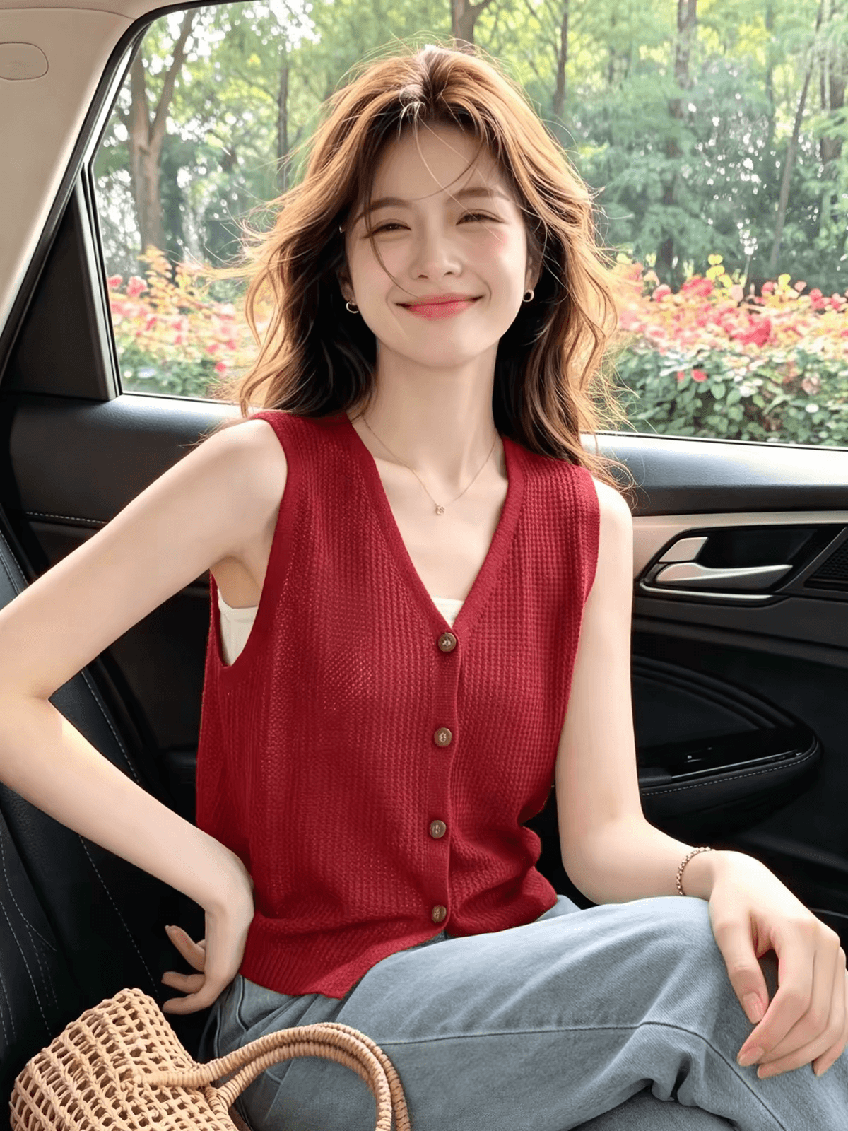 작은 샤넬 스타일 민소매 외출용 빨간색 홀로우 아웃 베스트 티셔츠 조끼 여성 여름 2025 새로운 고유 한 아름다운 작은 맨위 상세 이미지 3