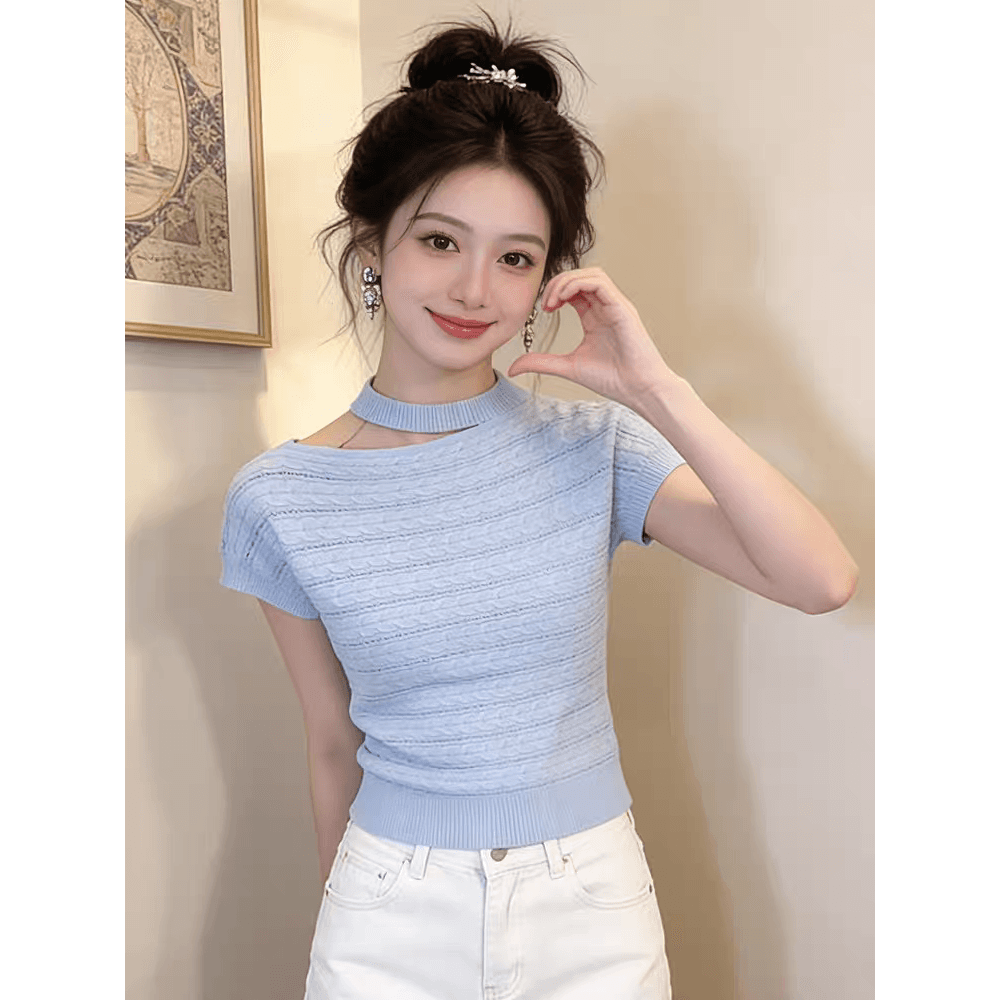 디자인 센스 홀로우 아웃 행침 목 반팔 니트 스웨터 여성 2026 여름 새로운 외국 가스 고유 한 Chic 슈퍼 잘 생긴 맨위 이미지 5