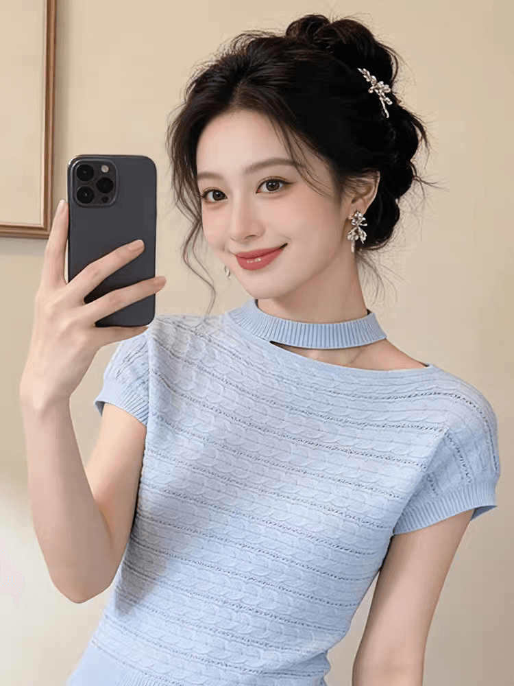 디자인 센스 홀로우 아웃 행침 목 반팔 니트 스웨터 여성 2026 여름 새로운 외국 가스 고유 한 Chic 슈퍼 잘 생긴 맨위 상세 이미지 3