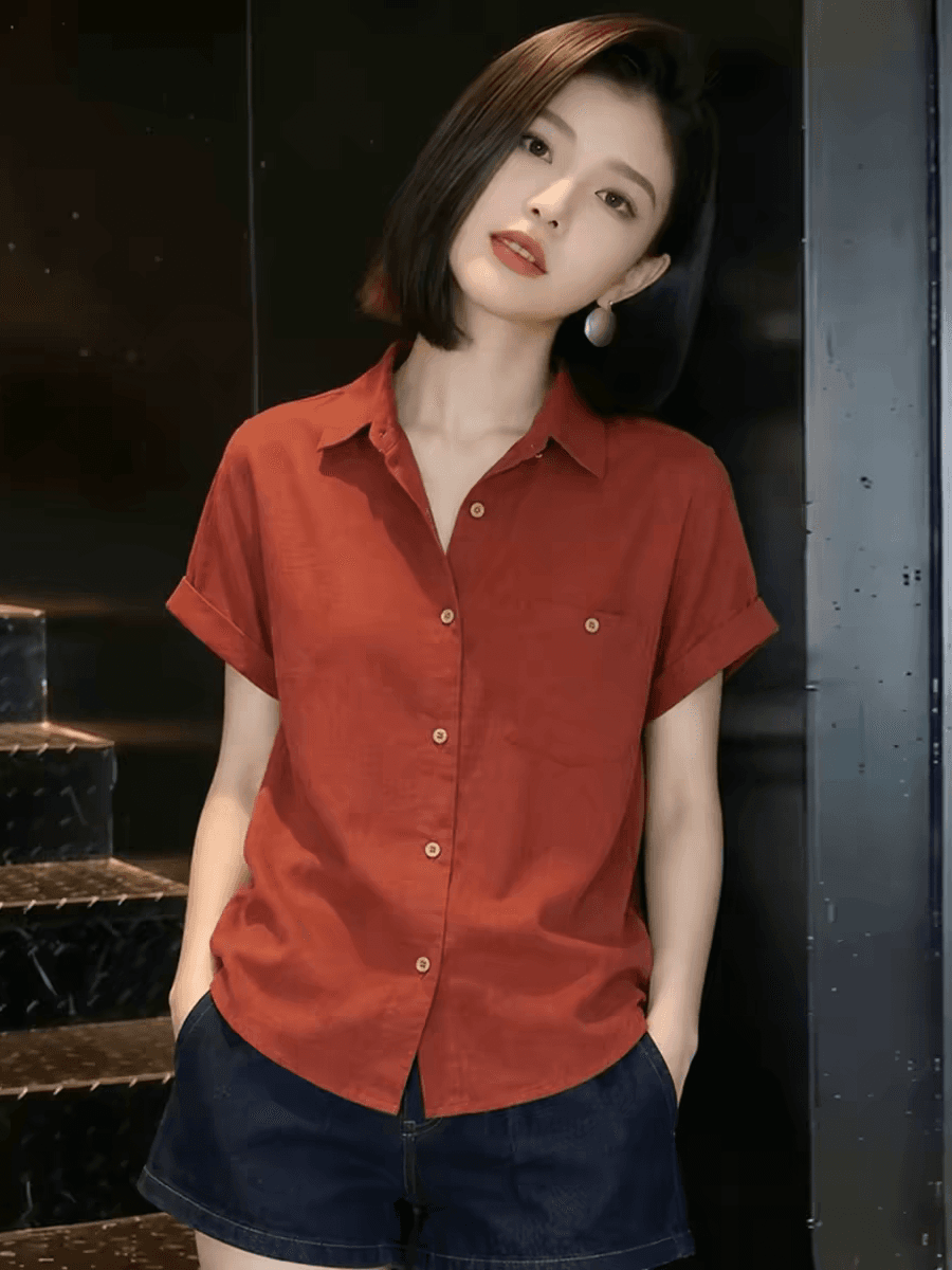빨간색 반팔 여성 셔츠 2026 여름 새로운 고급 센스 외국 가스 연령 감소 레트로 항구 바람 아마 셔츠 맨위 이미지 3