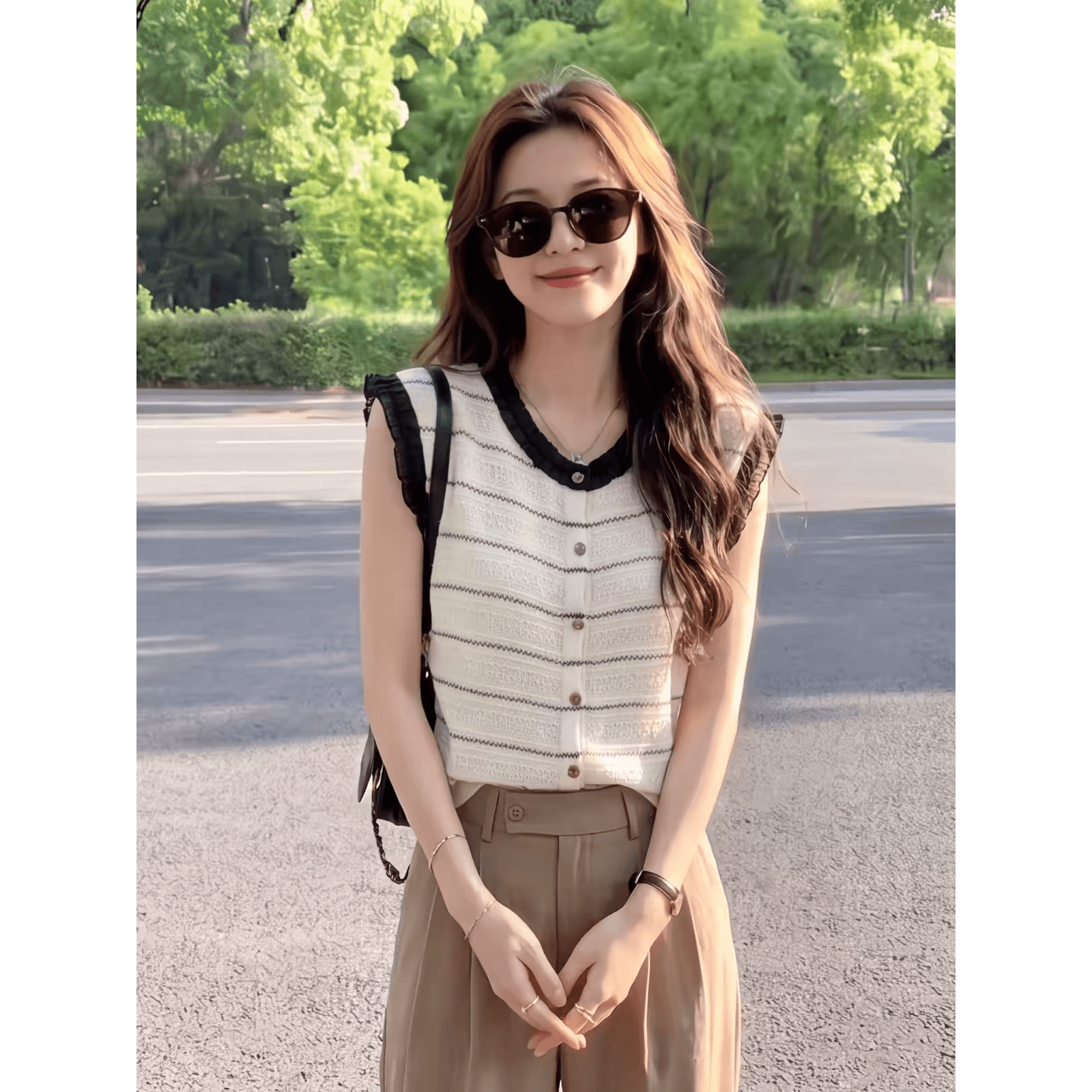 한 부서 품격 배색 스트라이프 레이스 레이스 얼음 실크 니트 스웨터 여성 여름 루즈핏 슬림해 보이는 민소매 어깨 맨위 이미지 5