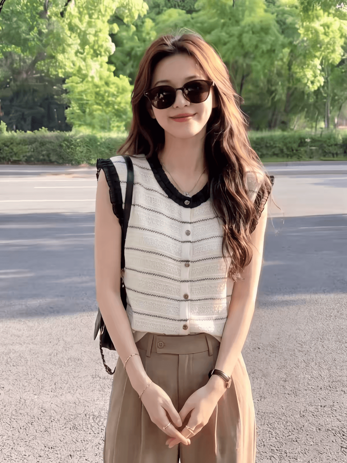 한 부서 품격 배색 스트라이프 레이스 레이스 얼음 실크 니트 스웨터 여성 여름 루즈핏 슬림해 보이는 민소매 어깨 맨위 상세 이미지 2