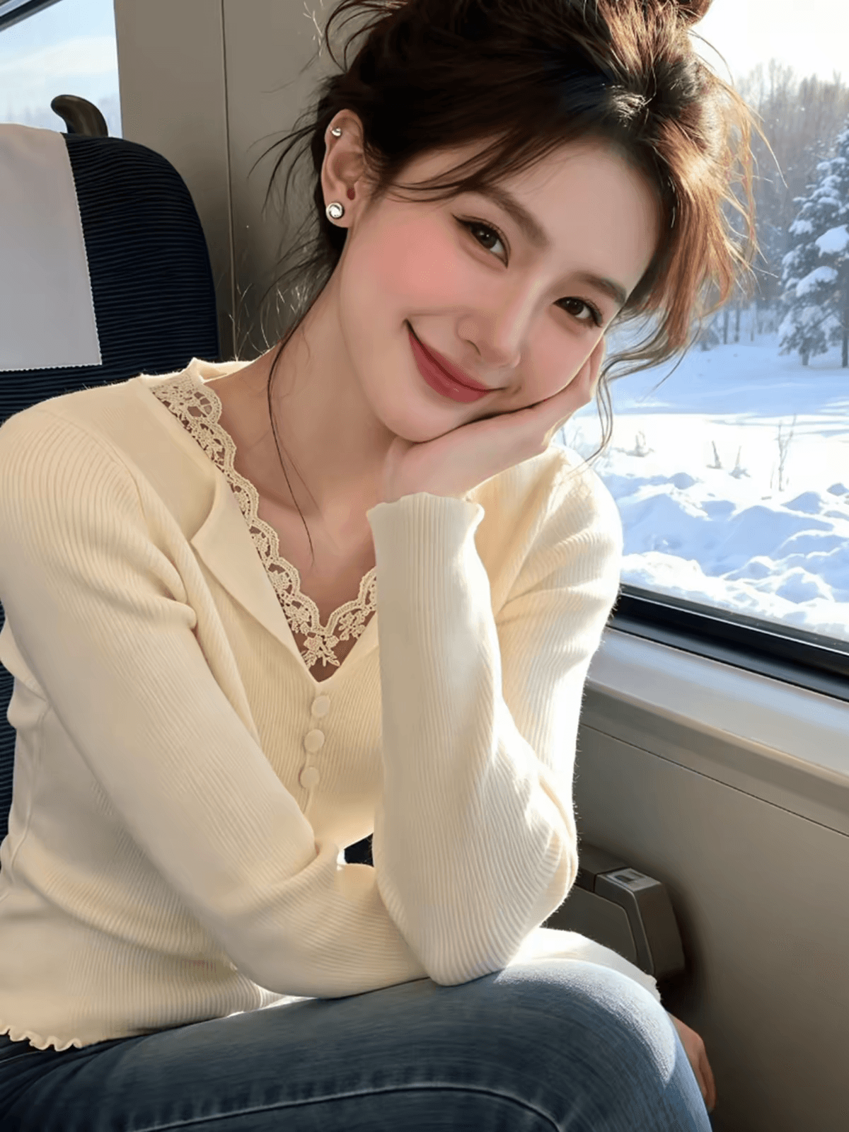 달콤한 스타일 레이스 조각 V넥 프릴 니트 스웨터 여성 봄 가을 새로운 슬림해 보이는 기본 셔츠 디자인 센스 맨위 상세 이미지 2