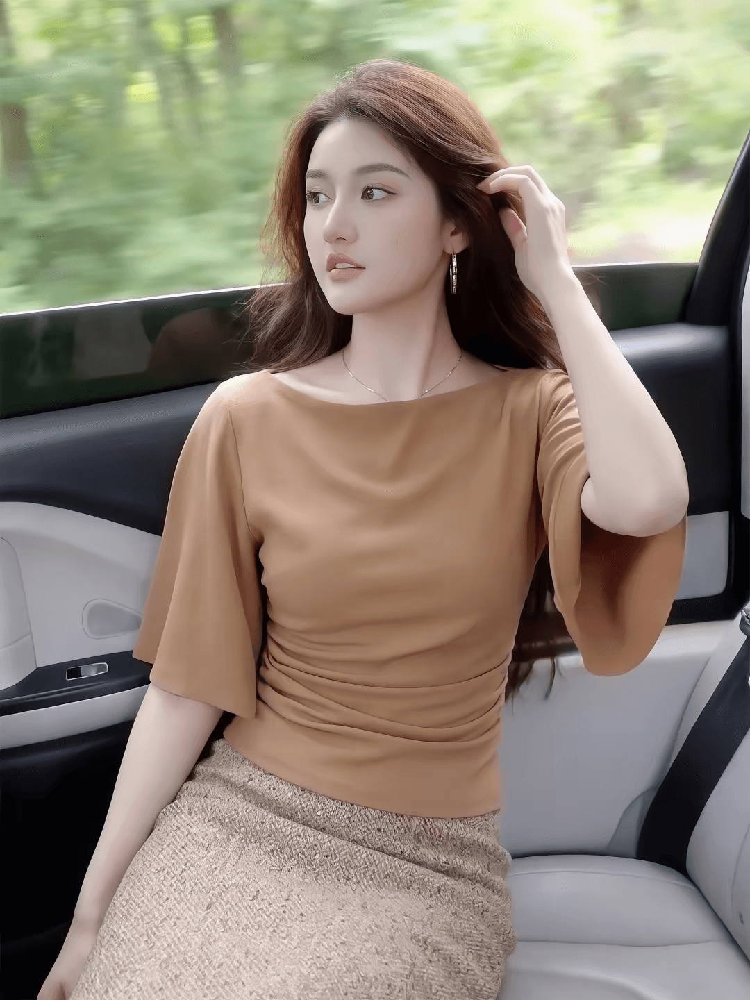 프랑스식 빛 럭셔리 아름다운 커피 핑크색 흔들다 칼라 5 점 소매 짠 셔츠 여성 여름 새로운 다용도 몸매 가꾸기 슬림해 보이는 맨위 이미지 2