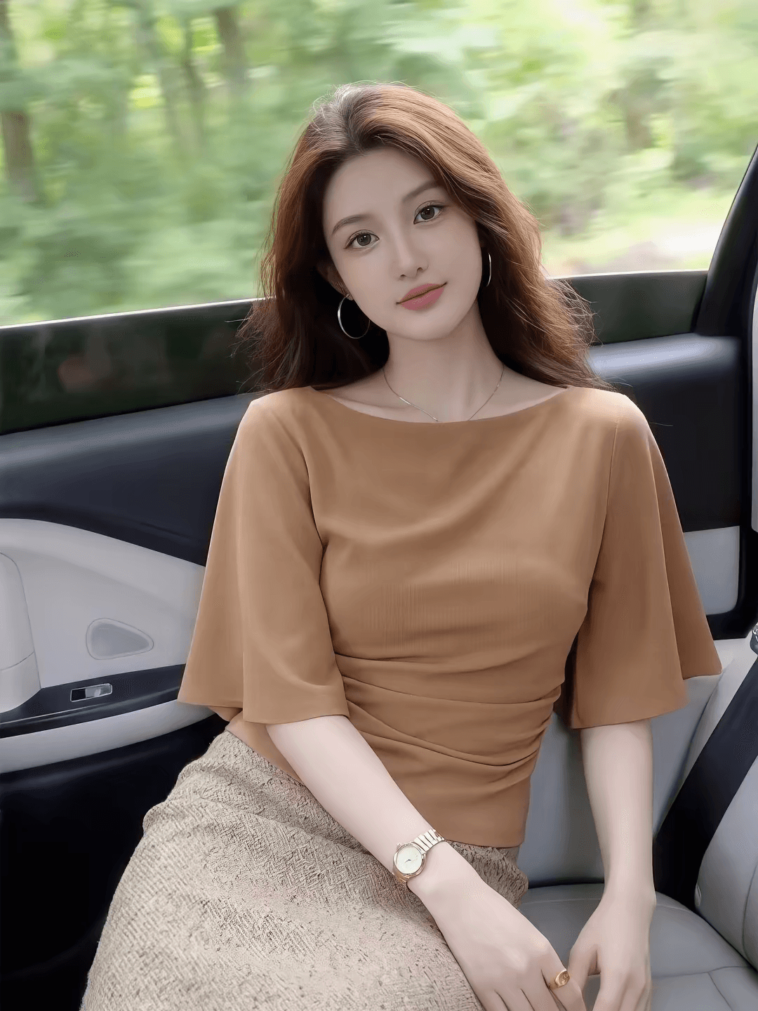 프랑스식 빛 럭셔리 아름다운 커피 핑크색 흔들다 칼라 5 점 소매 짠 셔츠 여성 여름 새로운 다용도 몸매 가꾸기 슬림해 보이는 맨위 이미지 3