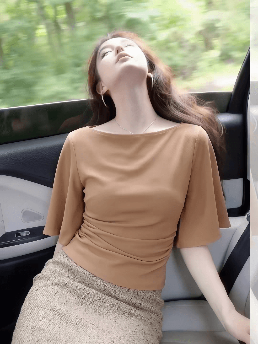 프랑스식 빛 럭셔리 아름다운 커피 핑크색 흔들다 칼라 5 점 소매 짠 셔츠 여성 여름 새로운 다용도 몸매 가꾸기 슬림해 보이는 맨위 상세 이미지 1