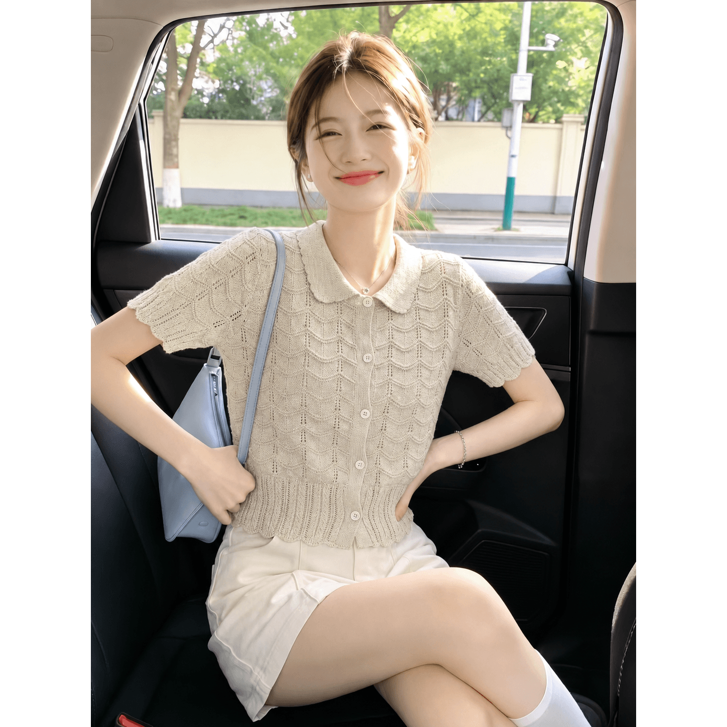 한 부서 패션 다용도 홀로우 아웃 POLO 칼라 싱글 줄 버튼 니트 오픈 가디건 여성 작은 샤넬 스타일 통기성 슬림해 보이는 반팔 맨위 이미지 5