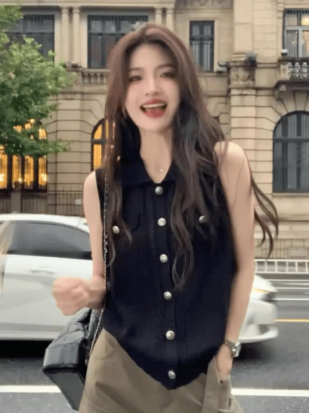 오래된 돈 바람 폴로 칼라 싱글 줄 버튼 민소매 니트 조끼 여성 2026 여름 얇고 가벼운 슬림해 보이는 다용도 베스트 작은 맨위 상세 이미지 2