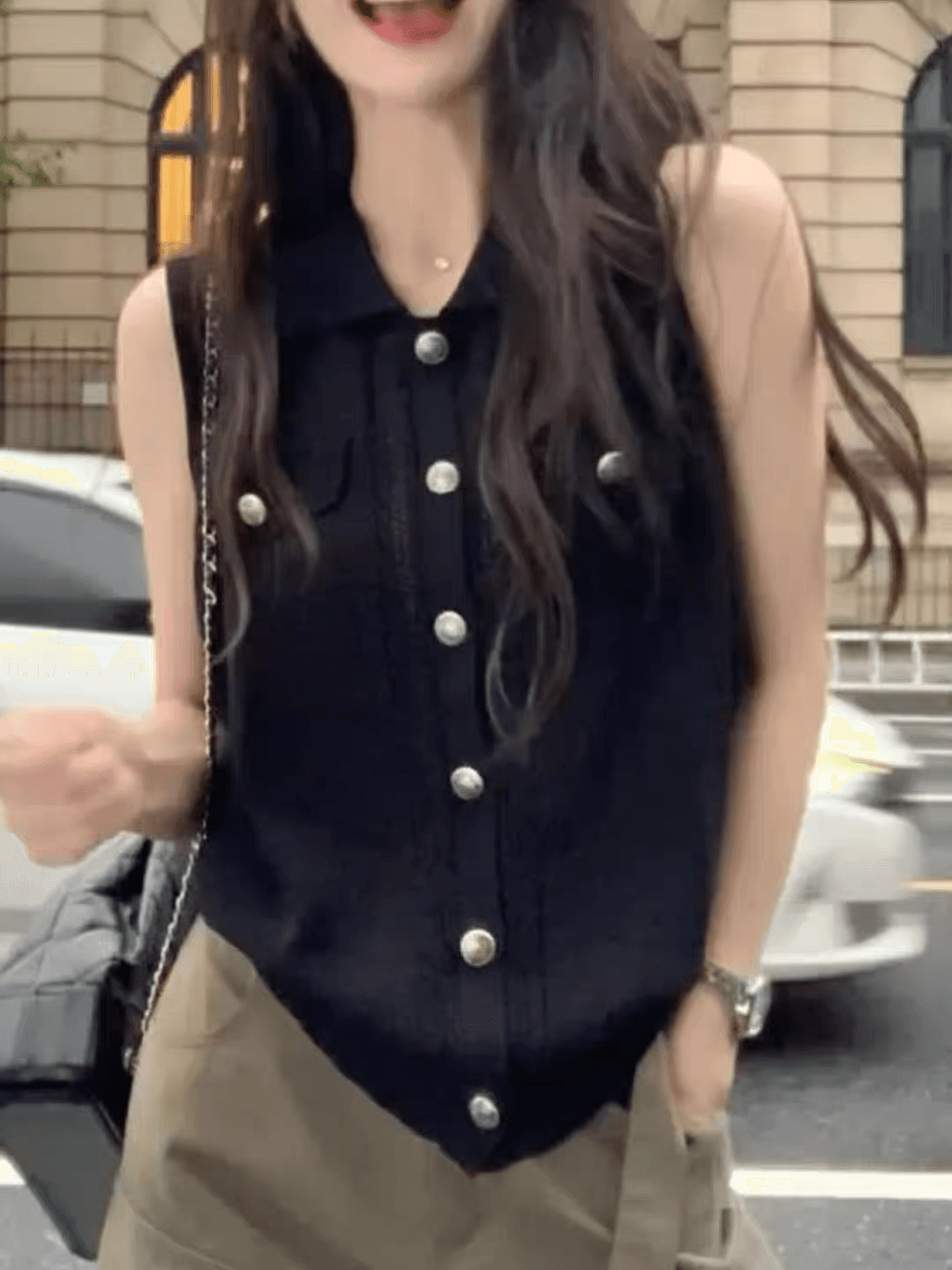 오래된 돈 바람 폴로 칼라 싱글 줄 버튼 민소매 니트 조끼 여성 2026 여름 얇고 가벼운 슬림해 보이는 다용도 베스트 작은 맨위 상세 이미지 4