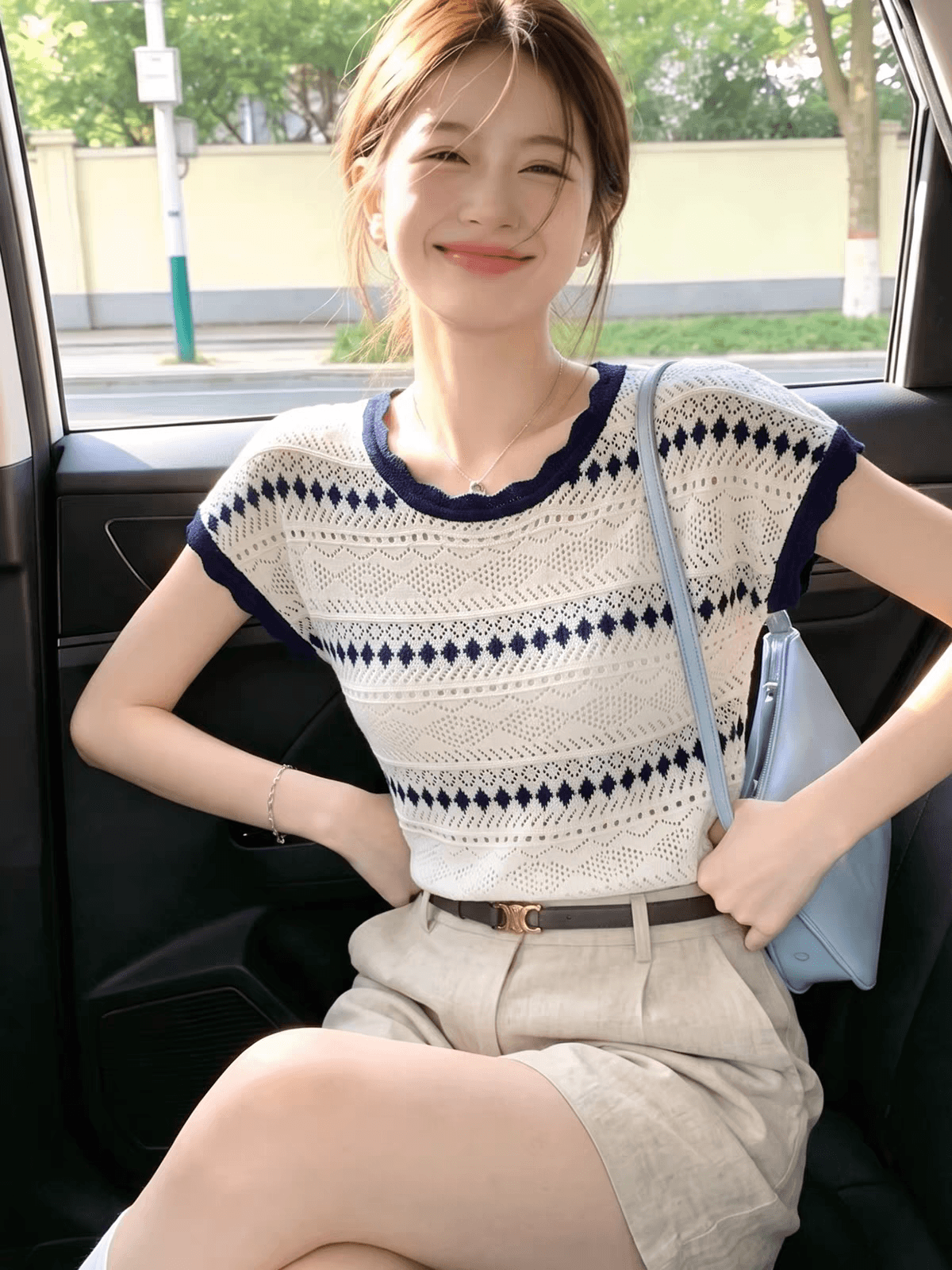 패션 고유 한 디자인 센스 배색 링 그리드 스트라이프 반팔 티셔츠 여성 Chic 그레이트 봐라. 레이스 홀로우 아웃 맨위 여름 이미지 2