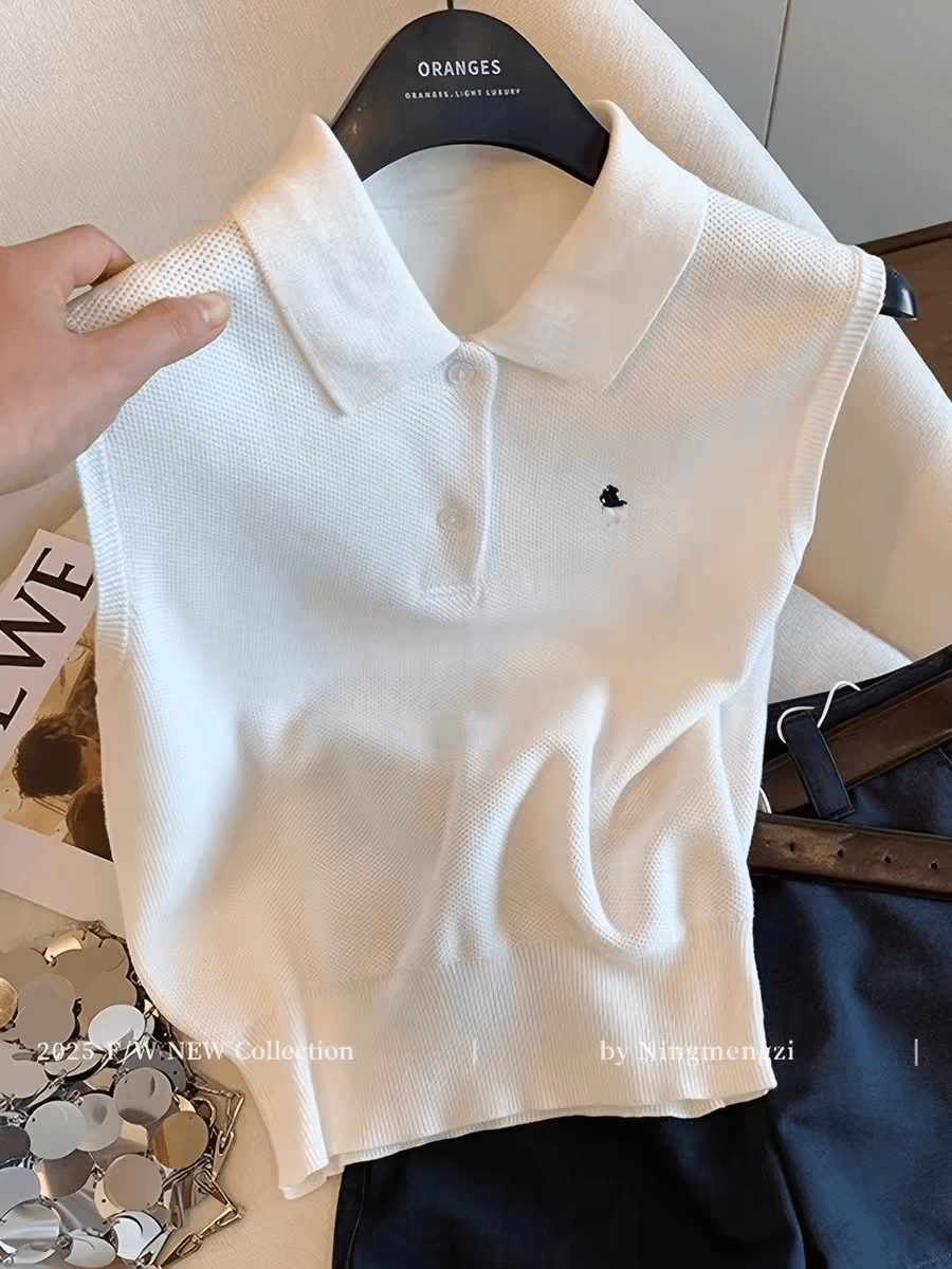 오래된 돈 바람 작은 말 자수 POLO 칼라 민소매 니트 맨위 여성 여름 2026 새로운 다용도 슬림해 보이는 캐주얼 조끼 상세 이미지 2