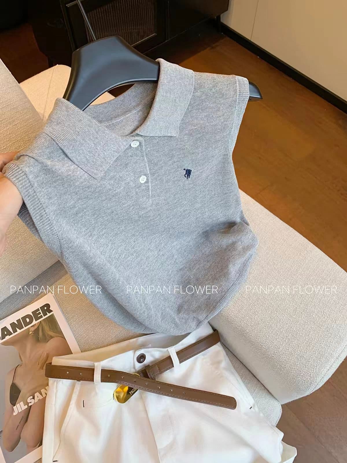 오래된 돈 바람 작은 말 자수 POLO 칼라 민소매 니트 맨위 여성 여름 2026 새로운 다용도 슬림해 보이는 캐주얼 조끼 상세 이미지 3