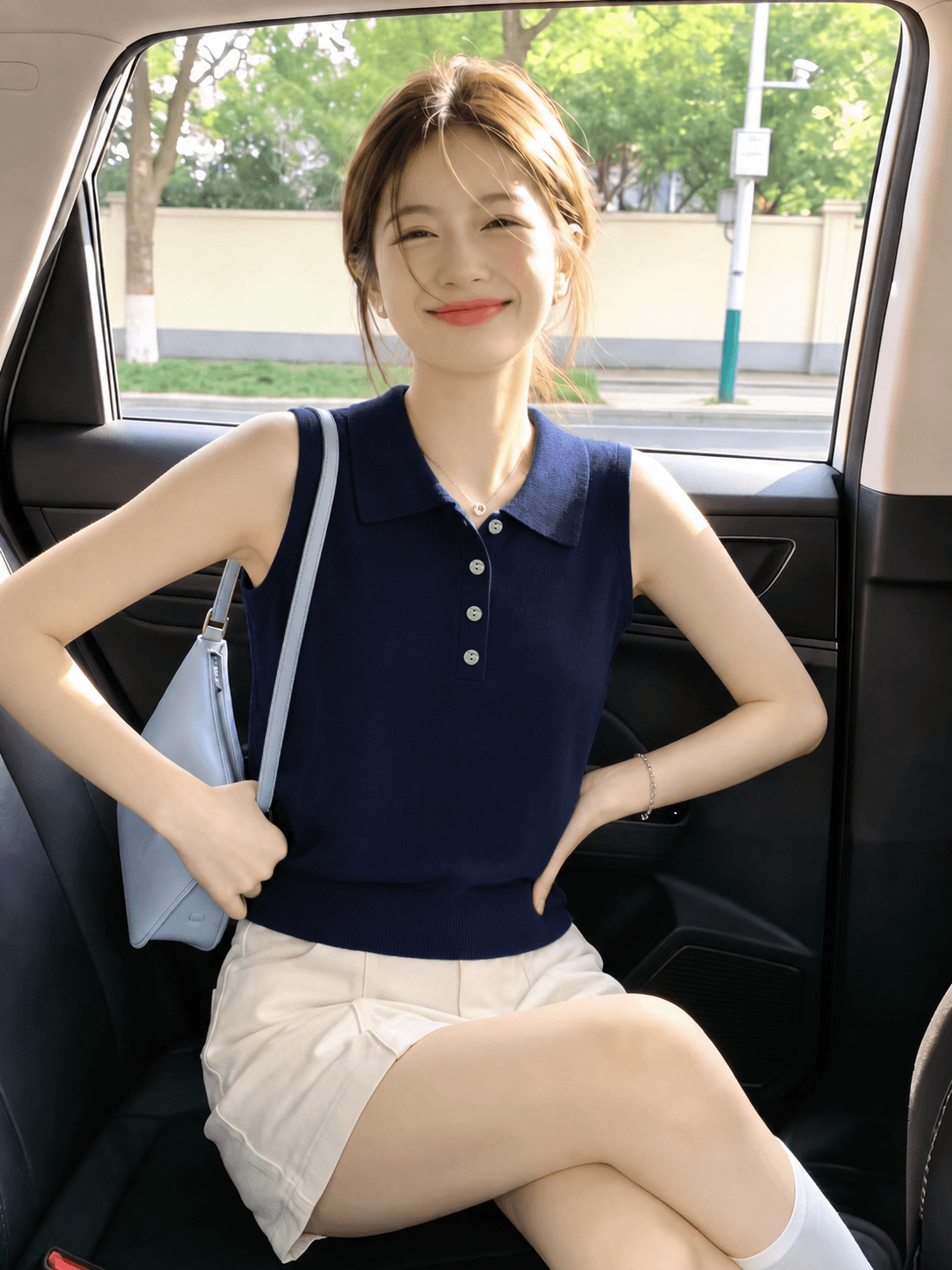 한국 스타일 루즈핏 슬림해 보이는 다용도 민소매 니트 조끼 여성 여름 새로운 POLO 칼라 캐주얼 미니멀리즘 베스트 맨위