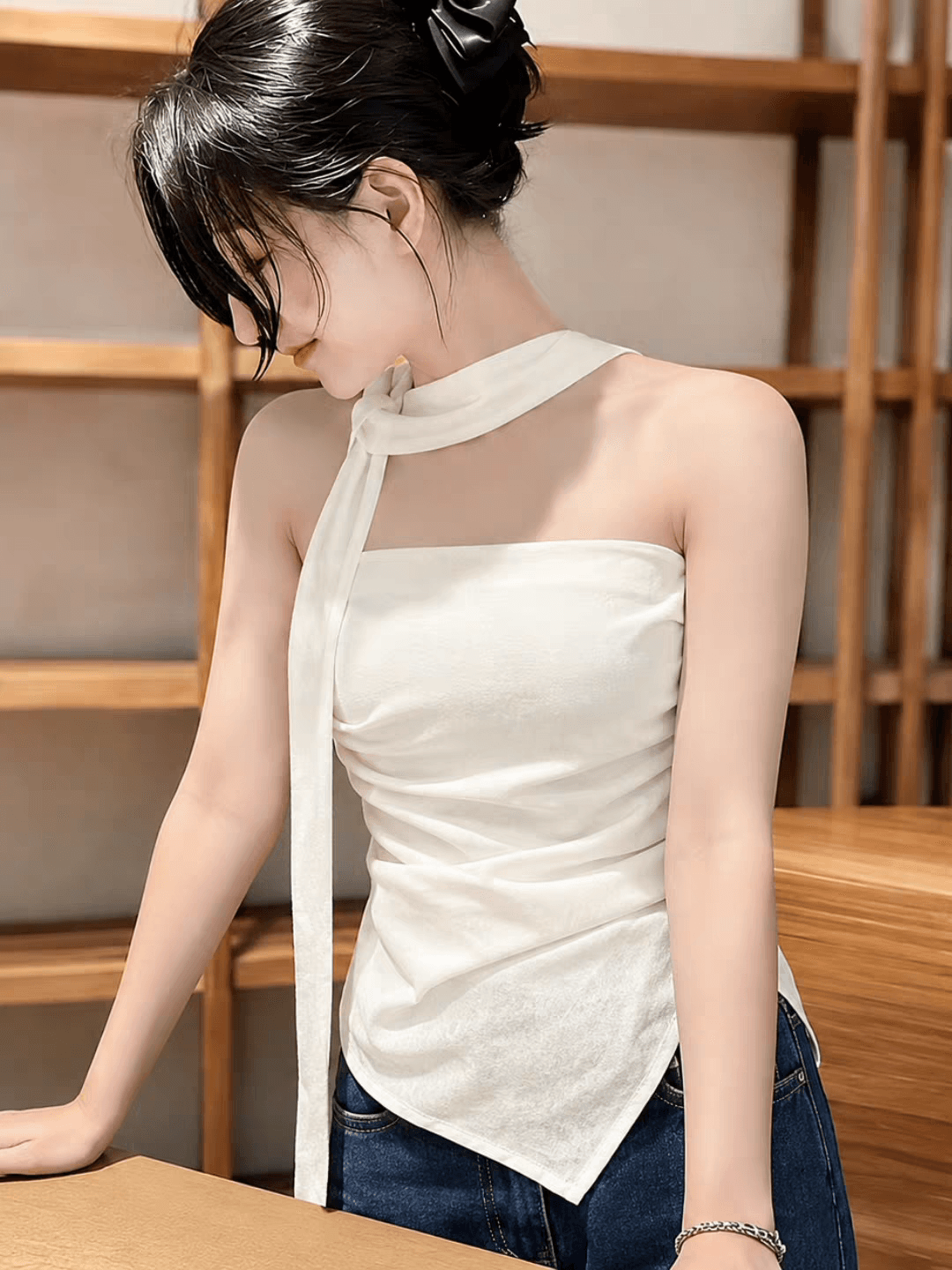 프랑스식 행침 목 리본 튜브탑 조끼 여성 여름 자수 자카드 디자인 센스 몸매 가꾸기 민소매 맨위 이미지 2