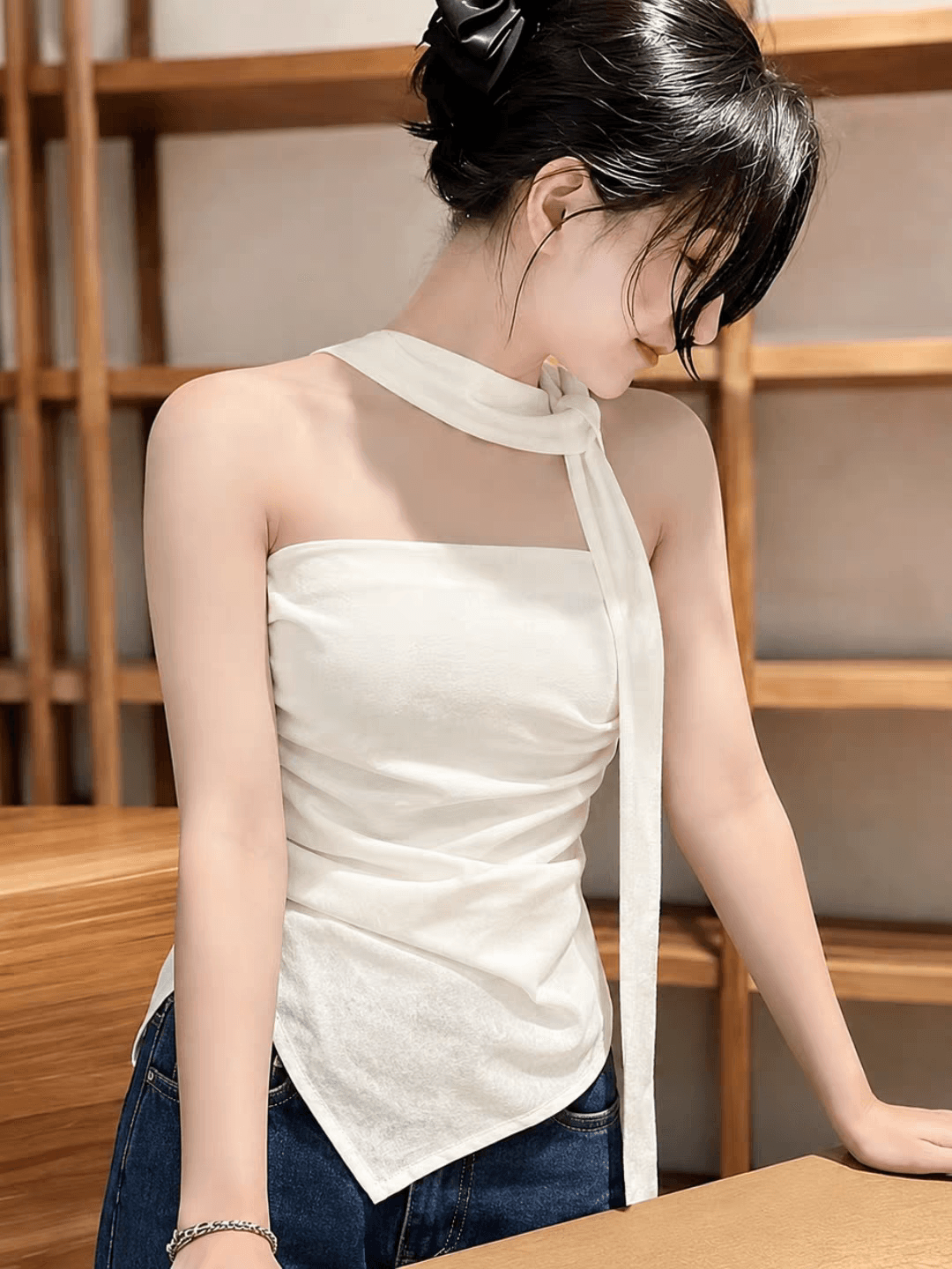 프랑스식 행침 목 리본 튜브탑 조끼 여성 여름 자수 자카드 디자인 센스 몸매 가꾸기 민소매 맨위 상세 이미지 2