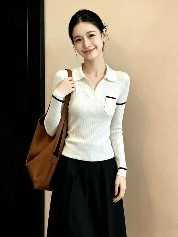 작은 샤넬 스타일 POLO 칼라 긴팔 니트 기본 셔츠 여성 가을 의상 지방 mm 몸매 가꾸기 부드러운 찹쌀 스웨터 인사이드 잡아라. 의류 이미지 3