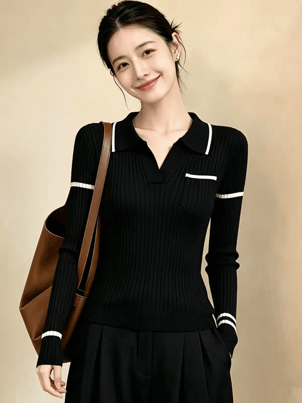 작은 샤넬 스타일 POLO 칼라 긴팔 니트 기본 셔츠 여성 가을 의상 지방 mm 몸매 가꾸기 부드러운 찹쌀 스웨터 인사이드 잡아라. 의류 상세 이미지 2
