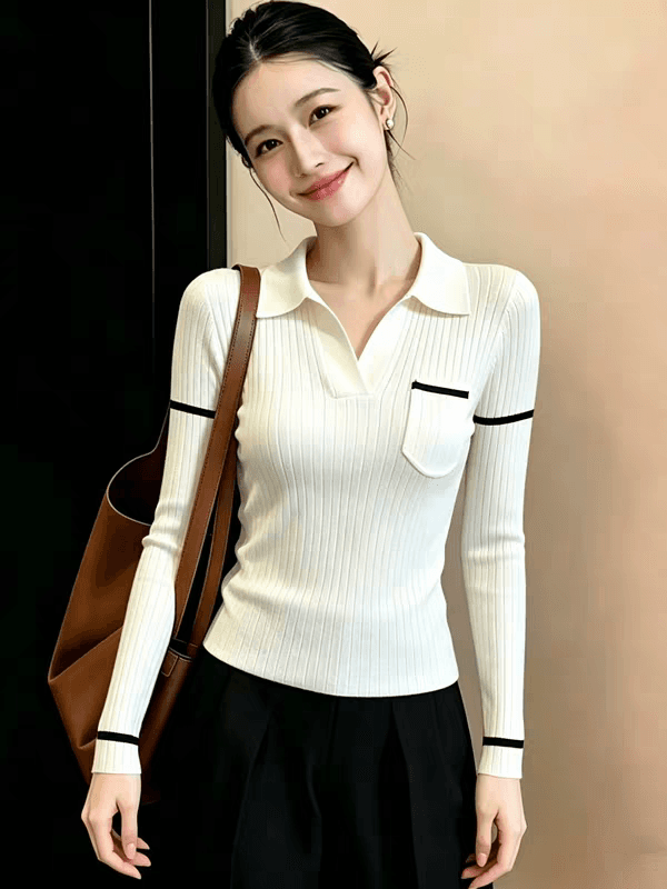 작은 샤넬 스타일 POLO 칼라 긴팔 니트 기본 셔츠 여성 가을 의상 지방 mm 몸매 가꾸기 부드러운 찹쌀 스웨터 인사이드 잡아라. 의류 상세 이미지 3