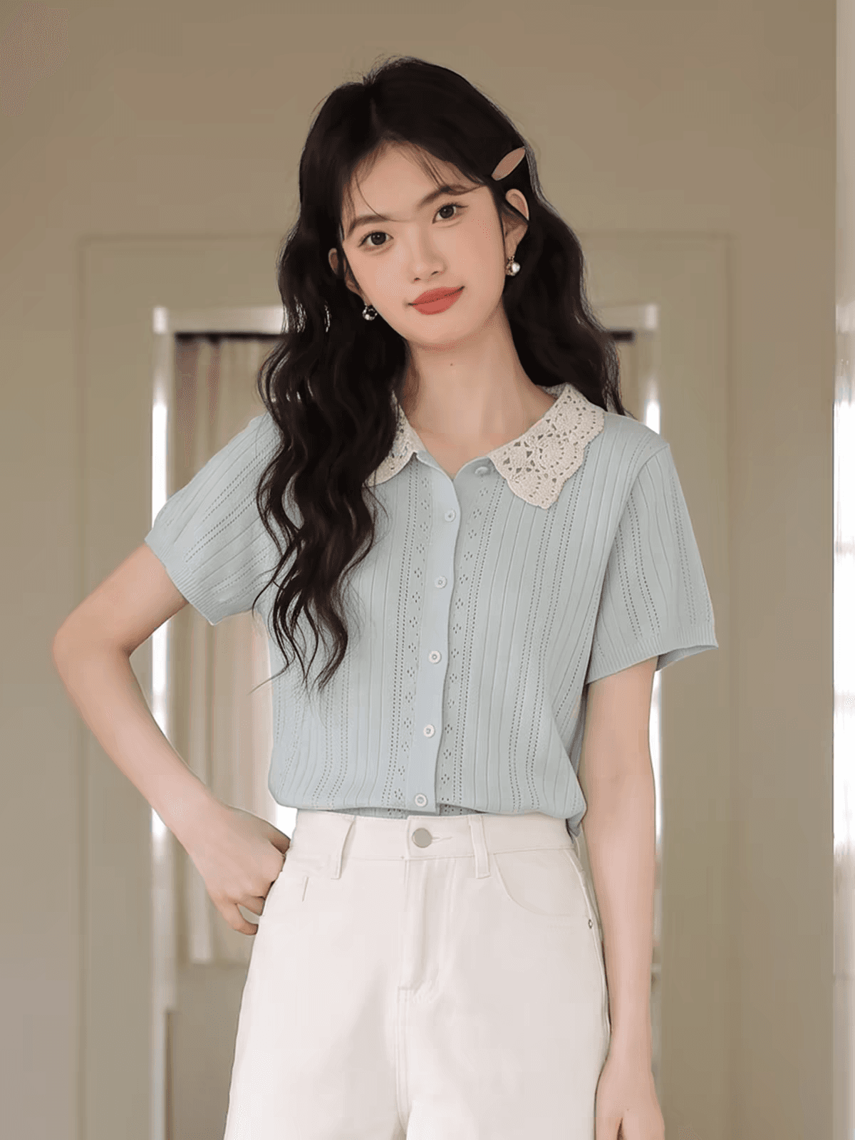 달콤함 배색 홀로우 아웃 폴로 칼라 니트 여성 2026 여름 새로운 부드러운 바람 얇은 스타일 반팔 티셔츠 맨위 이미지 2