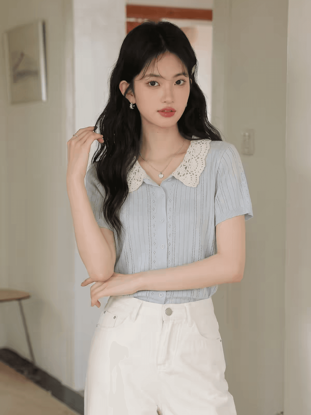 달콤함 배색 홀로우 아웃 폴로 칼라 니트 여성 2026 여름 새로운 부드러운 바람 얇은 스타일 반팔 티셔츠 맨위 상세 이미지 2