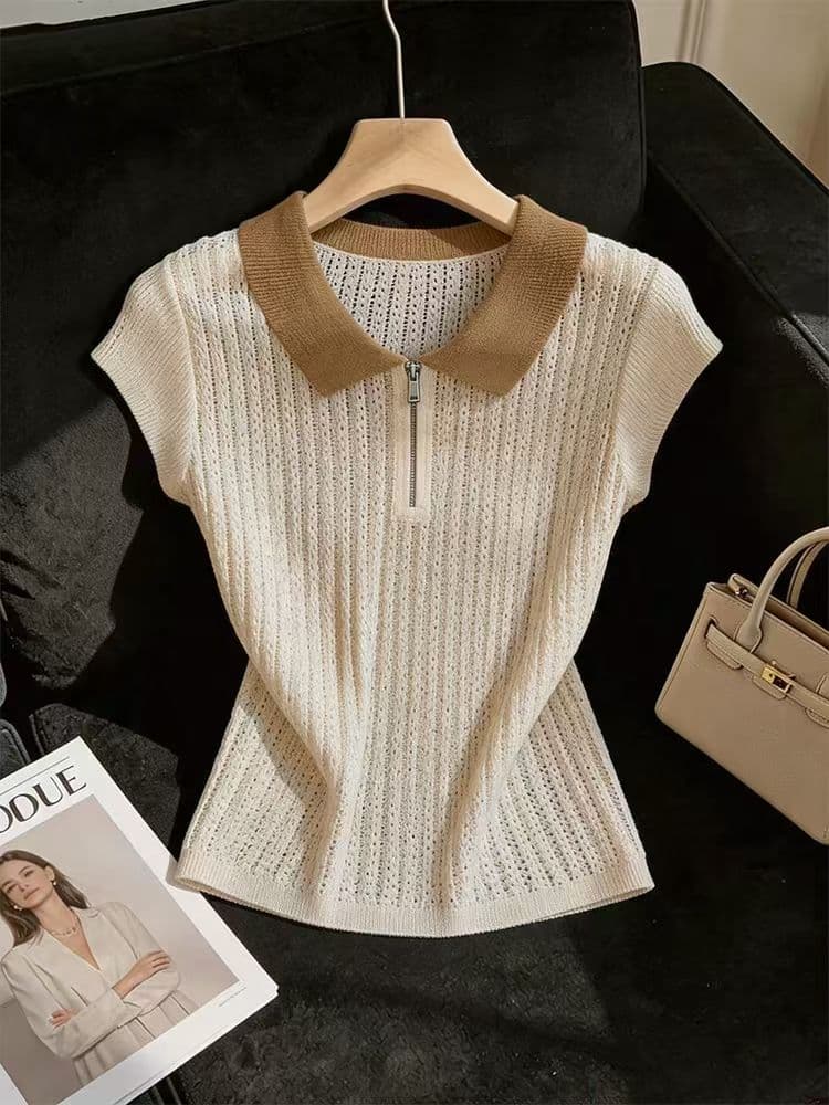 오래된 돈 바람 POLO 칼라 홀로우 아웃 니트 반팔 티셔츠 여성 여름 고급 센스 작은 날다 소매 맨위 디자인 센스 작은 대중 상세 이미지 4