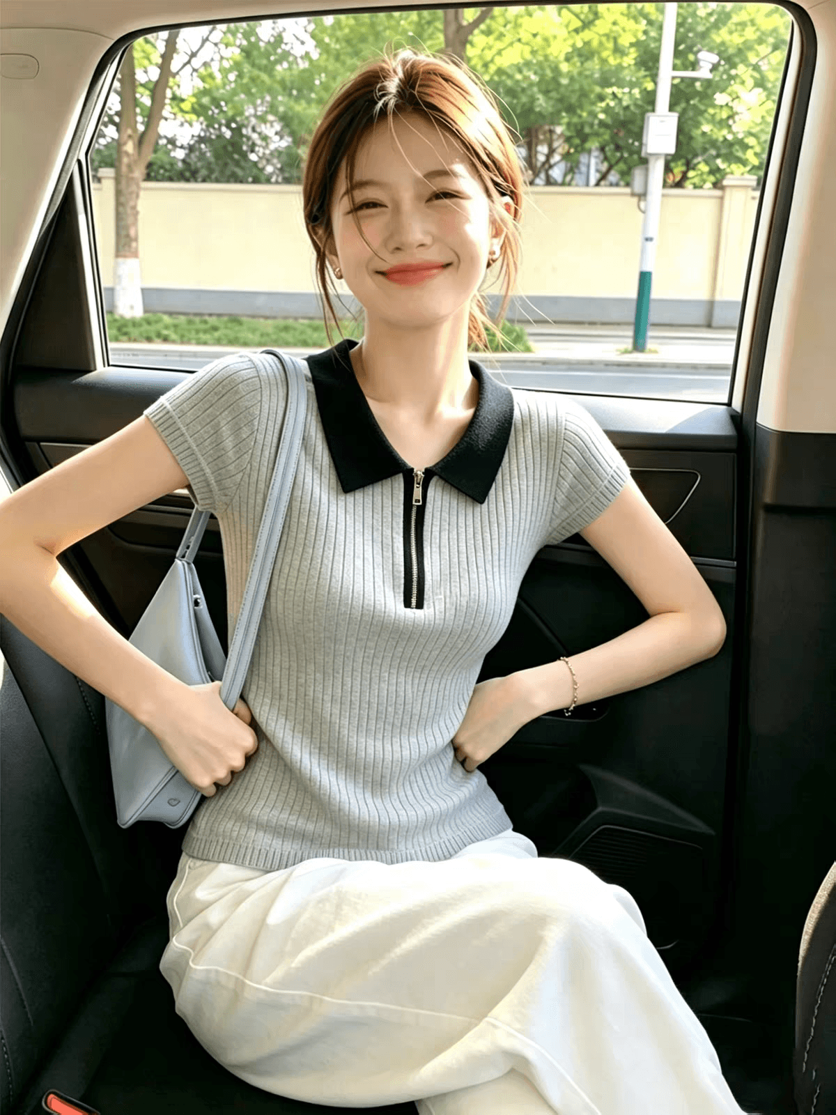 학원 스타일 배색 POLO 칼라 반팔 니트 스웨터 여성 여름 새로운 한국 스타일 루즈핏 슬림해 보이는 연령 감소 다용도 맨위