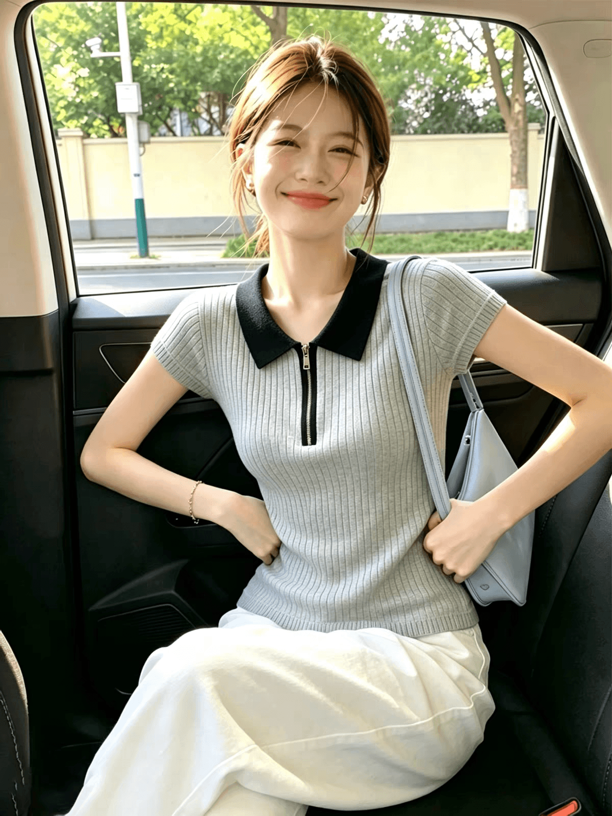 학원 스타일 배색 POLO 칼라 반팔 니트 스웨터 여성 여름 새로운 한국 스타일 루즈핏 슬림해 보이는 연령 감소 다용도 맨위 상세 이미지 2