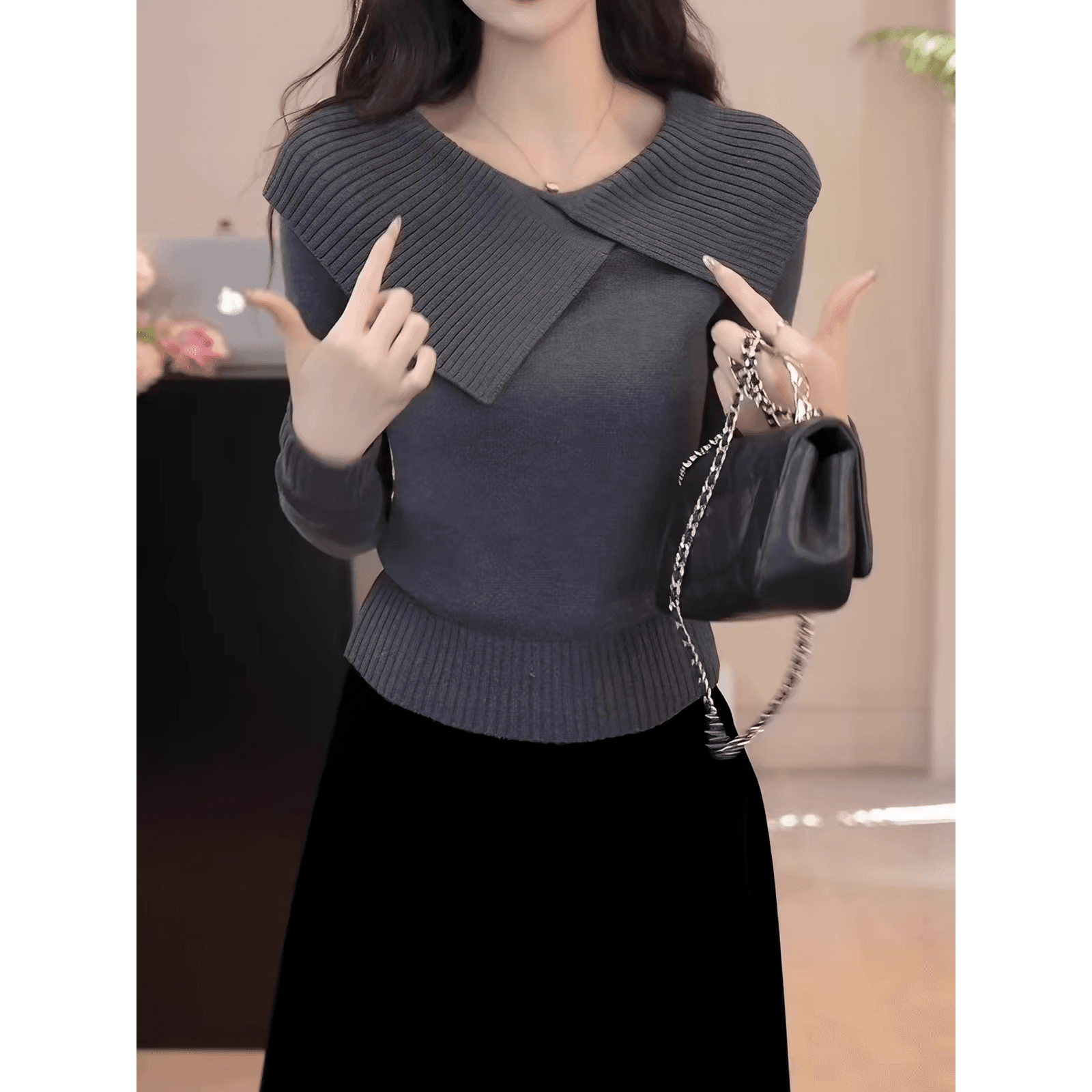 불규칙 폴로 칼라 회색 니트 스웨터 여성 가을 계절 빅 사이즈 지방 mm 프랑스식 품격 스웨터 몸매 가꾸기 슬림해 보이는 맨위 이미지 5