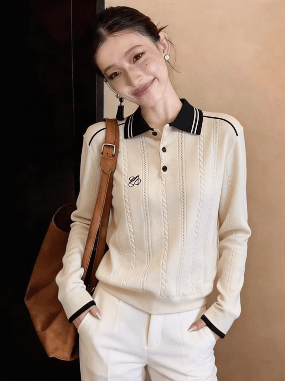 배색 POLO 칼라 트위스트 무늬 니트 스웨터 스웨터 여자 가을 겨울 새로운 캐주얼 긴팔 루즈핏 슬림해 보이는 다용도 맨위 상세 이미지 3